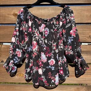 Express Floral Semi Sheer Off-Shoulder 3/4 Sleeve Ruffle Blouse